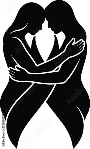 Two women hugging silhouette icon showing intimacy and connection between people in a black and white flat