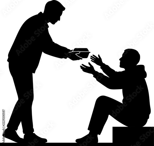 Volunteer giving food to homeless person silhouette icon set for charity support and community aid social work
