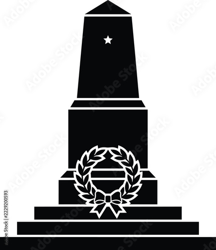 War memorial monument icon with a laurel wreath and a star on a stone pedestal for remembrance day ceremonies