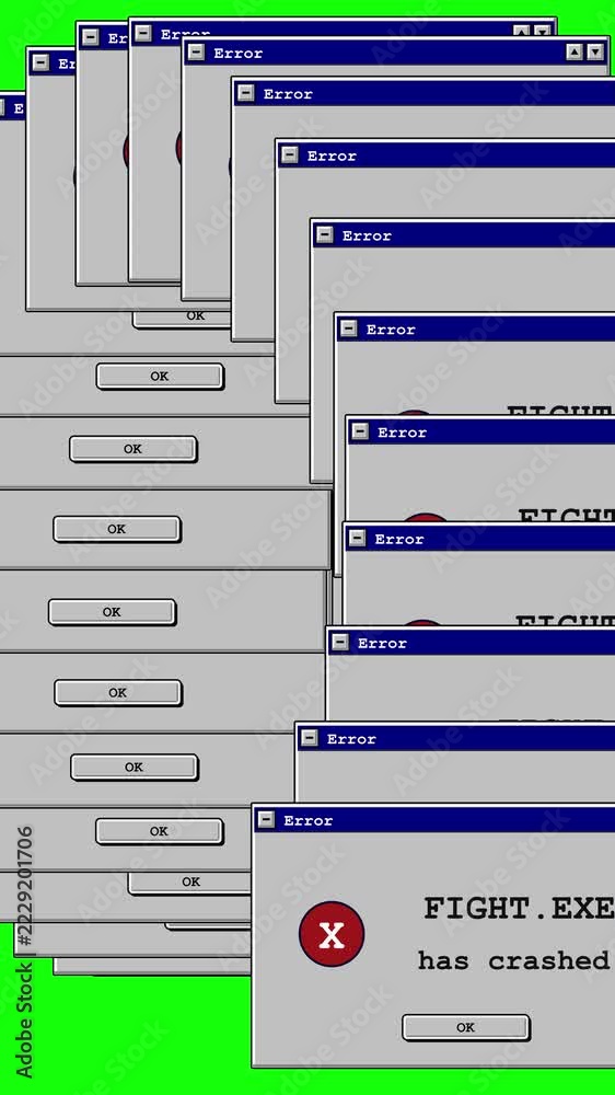 Multiplying Vertical Retro error dialogs announcing FIGHT.EXE crash multiply across green ...