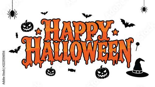 Happy halloween text effect with pumpkins, bats, spider, hat vector design