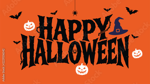 Happy halloween text with pumpkins, bats, spider, hat vector design