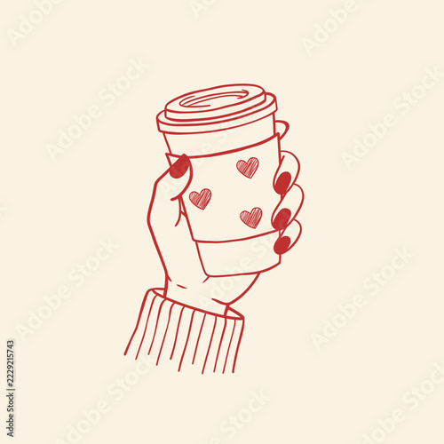 Hand-drawn red line art illustration of a hand in a knit sweater holding a to-go coffee cup with heart-patterned sleeve on cream background for cafe menus and Valentine coffee shop designs