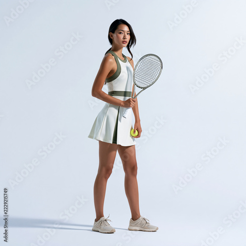 Realistic Full Body Image of Southeast Asian Female Playing Tennis