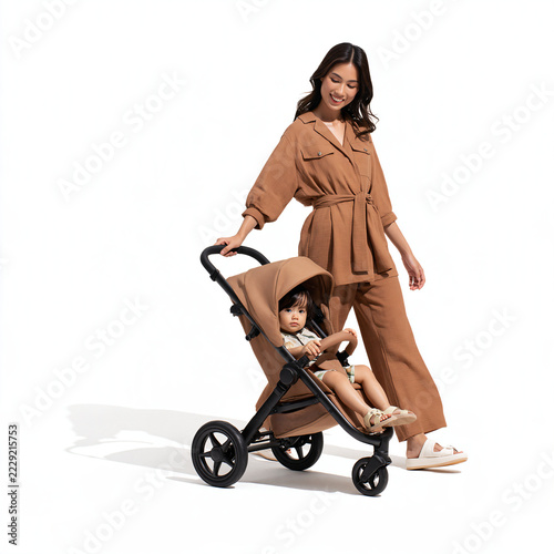 Realistic Full Body Image of Southeast Asian Mother with Stroller