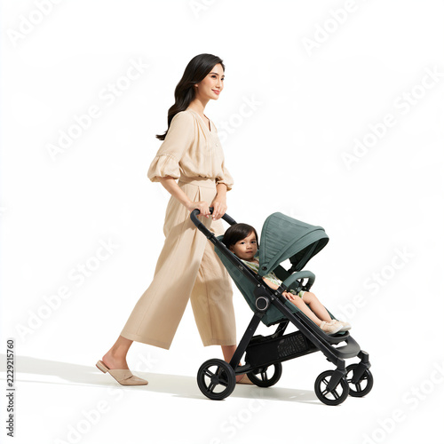 Realistic Full Body Image of Southeast Asian Mother Pushing Stroller