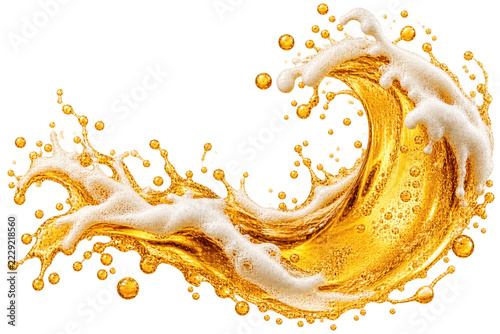 Golden beer splash with foam wave with captured motion transparent on transparent background