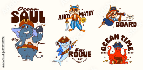 Cartoon groovy y2k animal pirate and corsair stickers with cute shark, octopus and cat, elephant and sloth characters. Funky hippie groovy animal pirate crew captain and sailor mascots stickers set