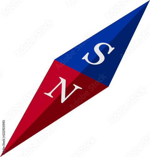 Compass Needle Direction Symbol, Red and Blue Diamond Magnet with North and South Poles Illustration