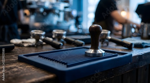 Coffee tamper on blue tamping mat on wooden counter in cafe