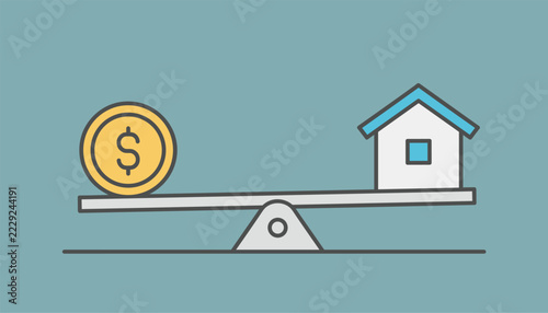 Financial conceptual illustration showing a large gold dollar coin and a house balancing on a simple seesaw scale.