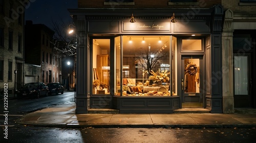 Cozy nighttime bakery shop glowing warmly on a quiet urban street corner
