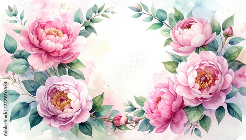 Elegant circular floral wreath watercolor painting featuring pastel pink peonies and eucalyptus sprigs with open copy space center