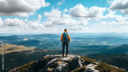 Backpacker wearing a yellow jacket stands on a jagged mountain ridge while observing a expansive panoramic view of distant ranges.