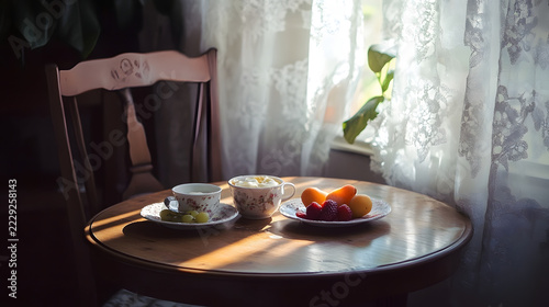 Chair sits beside a wooden table featuring two filled cups and a plate of assorted fresh fruit.