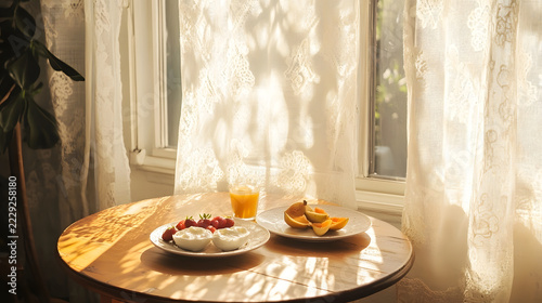 Table with a wooden surface displays a refreshing glass of orange juice and plates of fresh fruit.