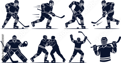 Photography Collection of dark silhouette ice hockey player icons featuring diverse match po