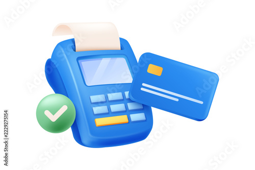 Successful Electronic Payment Terminal, 3D Vector Illustration with Card, Receipt, and Approval Badge