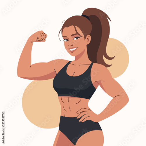 A muscular woman in athletic wear demonstrates strength with a flexed bicep a vector illustration exercise fitness health lifestyle motivation training wellness