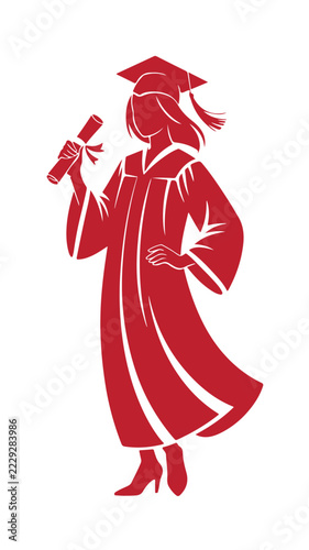 A crimson silhouette depicts a graduating student holding a diploma showcasing academic achievement and celebratory milestones ceremony collegiate completion congratulations education graduation