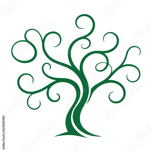 A stylized green tree with swirling branches and a curved trunk is presented as a vector illustration arboricultural botanical branching curvilinear decorative