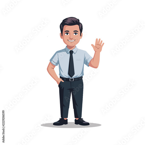 A cartoon businessman with a friendly expression is depicted in a vector illustration with a white background character male professional corporate greeting