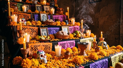 Traditional Mexican Day of the Dead ofrenda altar with marigolds, sugar skulls and copal smoke