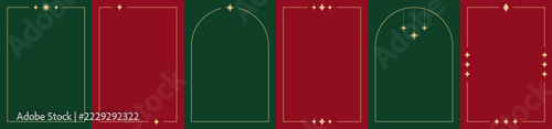 Minimalist Christmas greeting card templates with elegant gold line borders, star accents and blank copy space on festive red and deep green backgrounds in vertical vector layout