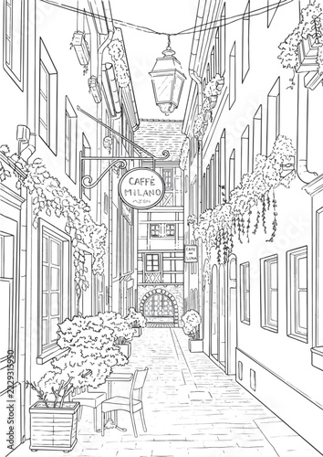 Vintage romantic cafe in european alley coloring page