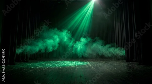 Emerald Green Smoke and Dramatic Spotlight on an Empty Stage