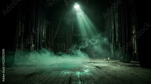 Mysterious Green Fog on an Empty Dark Theater Stage
