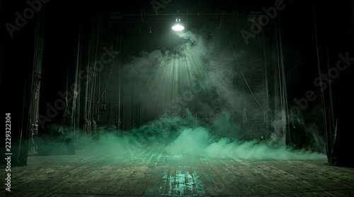 Mysterious Green Fog on an Empty Dark Theater Stage
