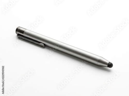 Silver stylus pen with black tip on white background