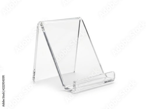 Clear acrylic tablet stand with minimalist design on white background