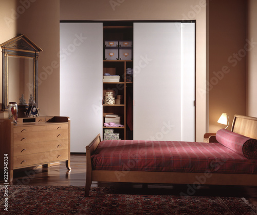 Single shot photo of a room with a wardrobe