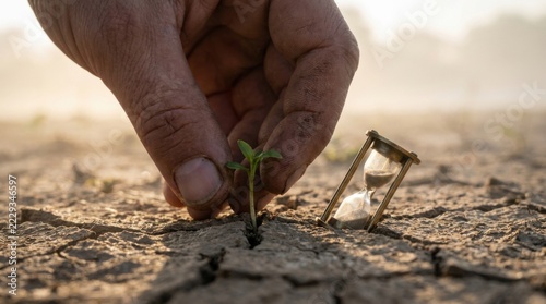 Hand Holding Hourglass Beside Sprouting Seedling in Arid Ground