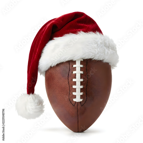 American football ball wearing a classic Santa hat isolated on white background