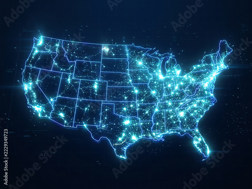 Digital map of united states with glowing city lights and state borders, representing connectivity and data network