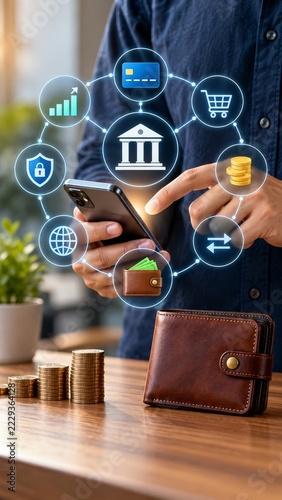 Person using smartphone for digital banking payments and financial transaction services with holographic icons display