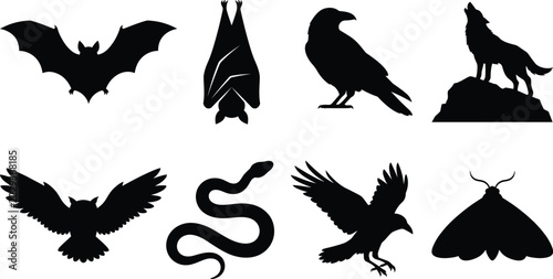 Spooky Halloween Animal Silhouette Set with Bat, Raven, Howling Wolf, Owl, Snake, Crow and Moth