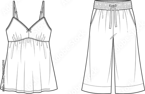 Fotografie Technical flat sketch of empire waist lace trim camisole and wide leg drawstring