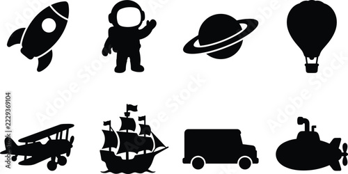 Transportation and Adventure Silhouette Icon Set with Rocket, Astronaut, Planet, Hot Air Balloon, Biplane, Ship, Bus and Submarine