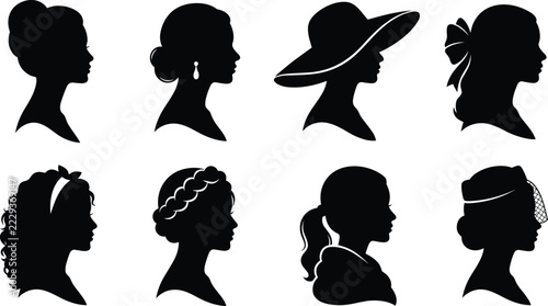 Women Profile Silhouette Set With Different Hairstyles, Hats, Updos, Braids, Ponytail and Elegant Accessories