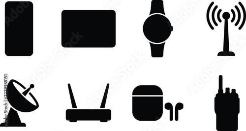 Wireless Technology Silhouette Icon Set with Smartphone, Tablet, Smartwatch, Antenna, Satellite Dish, Router, Earbuds and Walkie Talkie