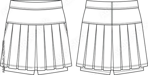 Women’s Pleated Skort Technical Flat Sketch Front and Back View Fashion Apparel Vector Template