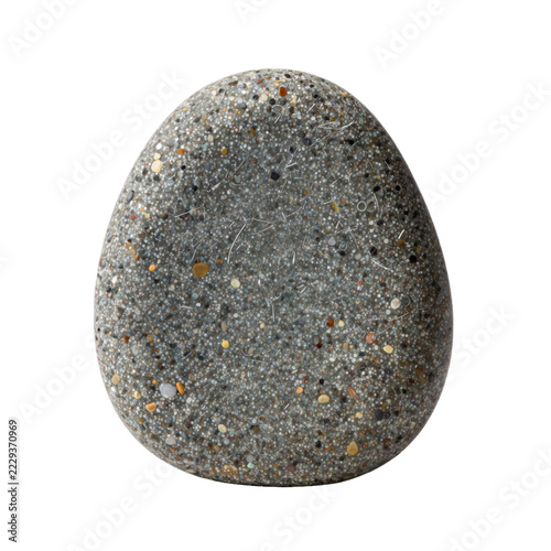 Abstract egg shaped stone with speckled multicolored pebbles and white threads