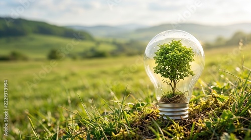 Small Green Tree Inside a Glass Bulb with Natural Bokeh Background