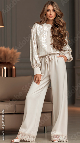 Woman wearing cream floral jacquard luxury loungewear set with drawstring wide leg pants and lace trim hem in modern living room.