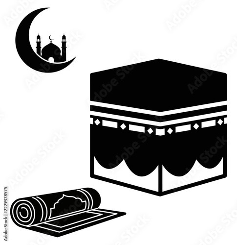 Minimalist black and white illustration of the kaaba in mecca with a prayer rug and crescent moon
