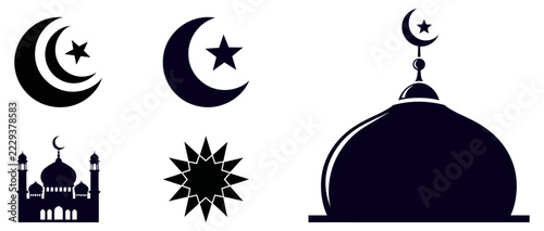 Collection of islamic religious symbols including mosque domes crescent moons and stars in a simple silhouette style